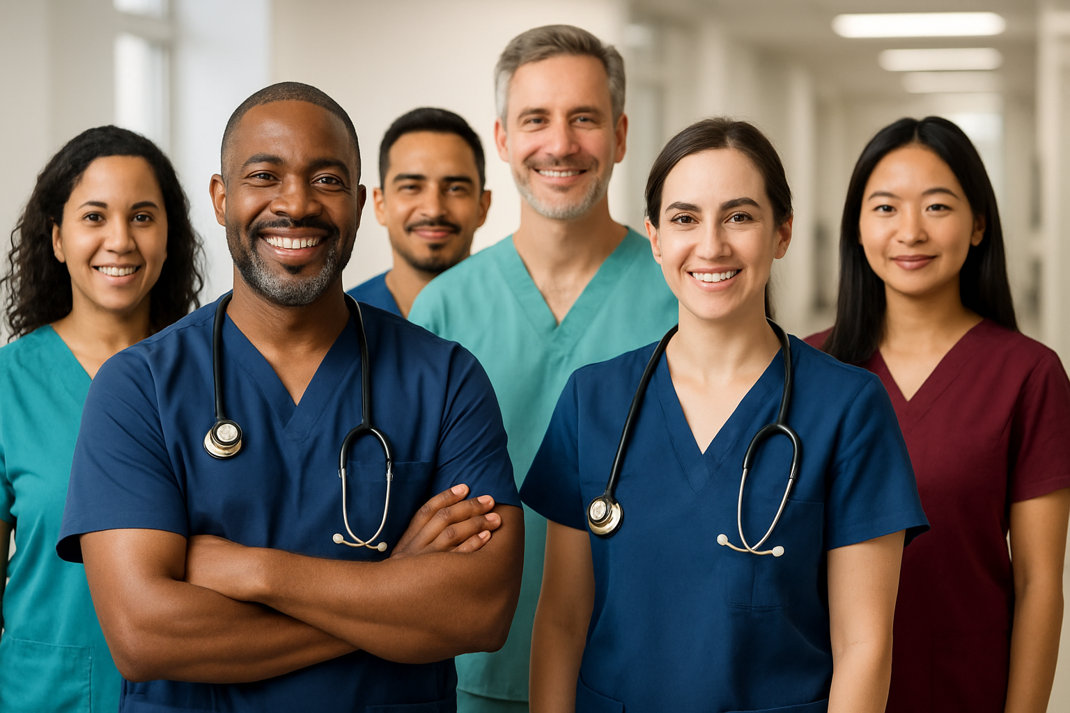 I would like an image of diverse people wearing scrubs